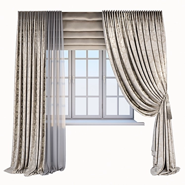 Elegant Beige Damask Curtains 3D model image 1 