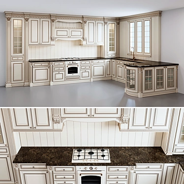 Elegant Ivory Gold Kitchen 3D model image 1 