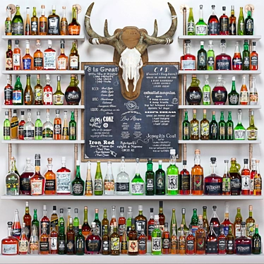 Elegant Bar Display: 50+ Unique Bottles, Decorative Deer Skull 3D model image 1 