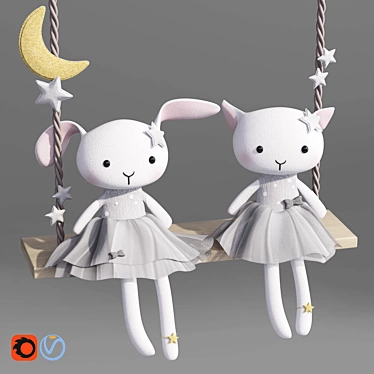 Rabbit and Cat Plush Swing Toy: A Whimsical Playtime Delight 3D model image 1 