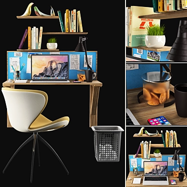 Pro Desk Set: Chair, Laptop & Book Shelf 3D model image 1 