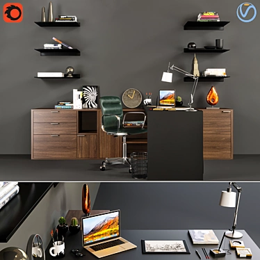 Modern Office Desk with Book, Plant, Macbook and More 3D model image 1 