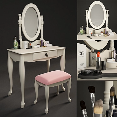 Glam Vanity Set: Table, Mirror & Puff 3D model image 1 
