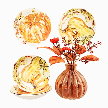 Autumn Harvest Decor Set: Vase & Plates 3D model image 1 