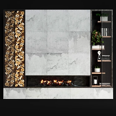 Modern Fireplace with Wood Storage and Shelves 3D model image 1 