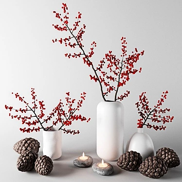 Red Berry Branches in White Vases 3D model image 1 