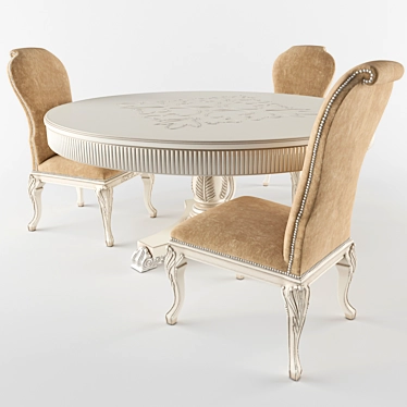 Vintage Wood Circle Table & Velvet Chair 3D model image 1 