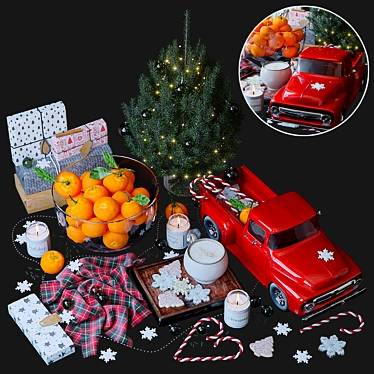 Festive Christmas Decor Set: Mandarins, Tree & Toy Car 3D model image 1 