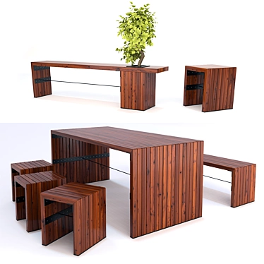 Outdoor Garden Bench & Table Set 3D model image 1 