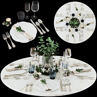 Festive Table Setting: Plates, Glasses, Vase, Candle, Cutlery & Decor 3D model image 1 