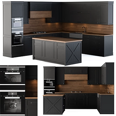 Modern Black Wood Kitchen 3D model image 1 