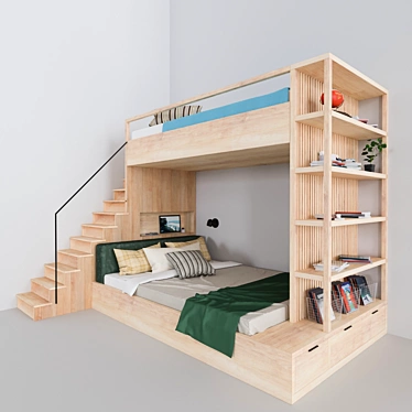 Double Decker Bunk Bed with Bookshelves 3D model image 1 