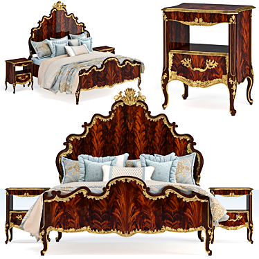 Luxury Mahogany Bed with Gilded Nightstand 3D model image 1 