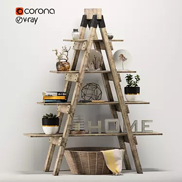 Rustic Eco-Friendly Wooden Ladder Shelf 3D model image 1 
