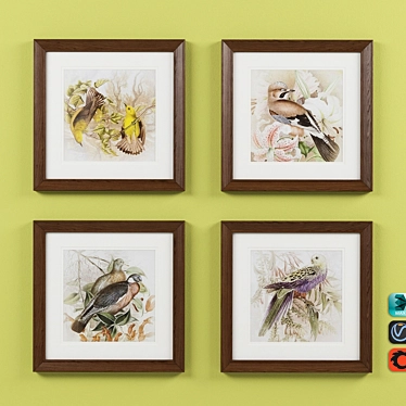 Title: Charming Birds 4-Piece Framed Print Set 3D model image 1 