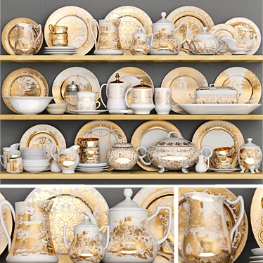 Classic Porcelain Tableware Set: Gold, Duck Egg Holder, Pitcher, Tray, Cup 3D model image 1 