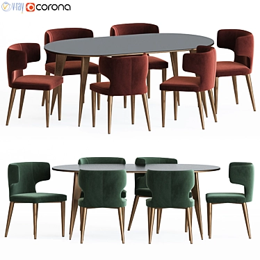 Luxembourg Dining Set - Elegant Oval Table & Velvet Chairs 3D model image 1 