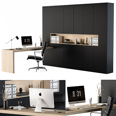 Sleek Black L-Type Desk & Wardrobe 3D model image 1 
