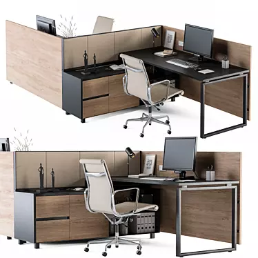 Cream Wood Office Desk Set 3D model image 1 