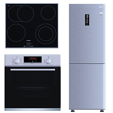Set of kitchen appliances. Refrigerator, hob, oven