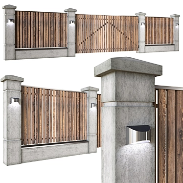 Elegant Wooden Fence with Gate 3D model image 1 