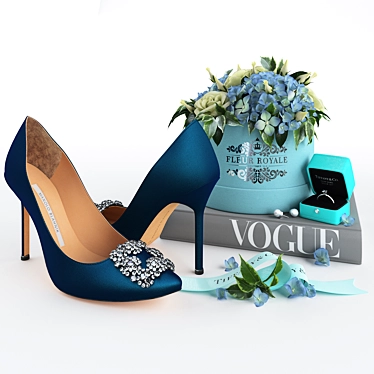 Blue Luxury Set: Manolo Pumps, Tiffany Ring, Vogue Book 3D model image 1 