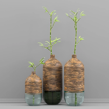 Natural Wood & Glass Vase Set 3D model image 1 