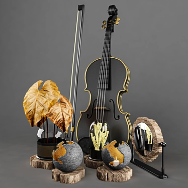 Elegant Decorative Set: Violin, Fiddlestick, Leaf & Coal, Candles, Mirror 3D model image 1 