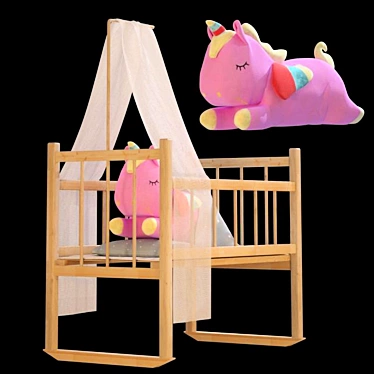 Pink unicorn in toy bed