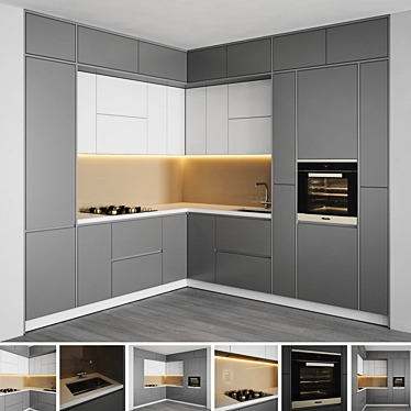 Sleek Kitchen Set: Gas Hob, Sink, Oven & Hood 3D model image 1 