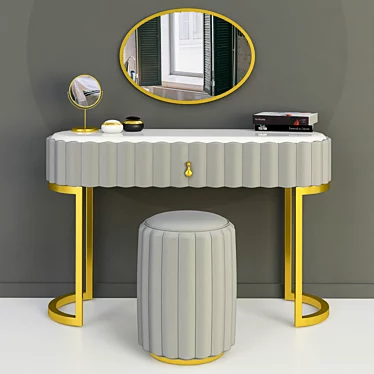 Glam Vanity Set: Drawer Mirror & Leather Stool 3D model image 1 