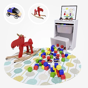 Children's Room Set: Toy Storage, Colorful Cubes, Cars, Rocking Moose, Round Rug & Framed Art 3D model image 1 