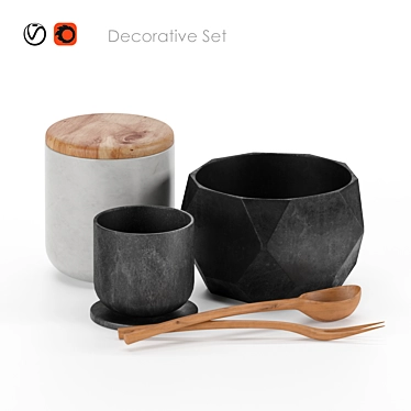 Artisan Decor Set: Pottery, Stone, Wood 3D model image 1 