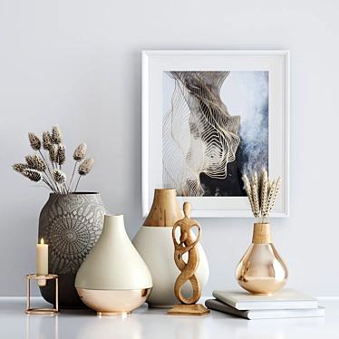 Elegant Decor Set: Vases, Dried Flowers & Figurine 3D model image 1 