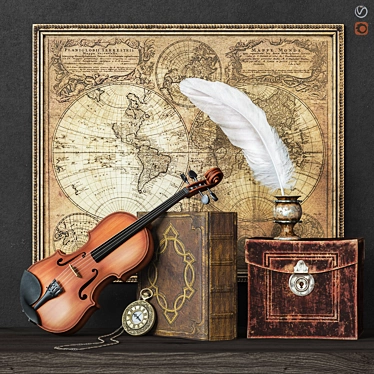 Classic Decorative Set: Violin, Pocket Watch, Inkwell 3D model image 1 