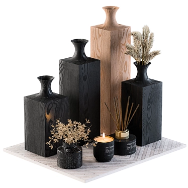 Rustic Wood Vases with Dried Plants 3D model image 1 