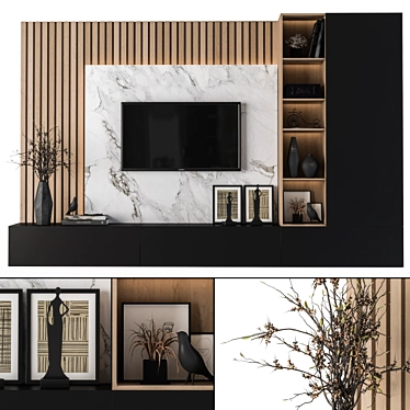 Modern TV Wall - Wood & White Marble 3D model image 1 