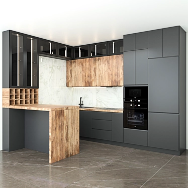 Modern P-shaped Kitchen with Bar Counter 3D model image 1 