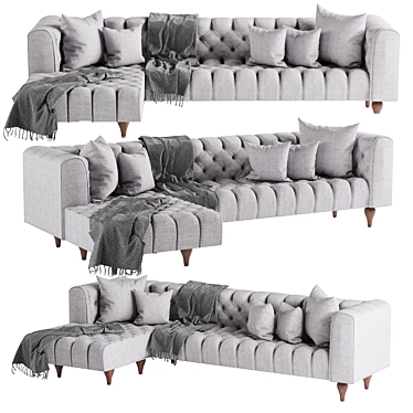 Elegant Grey Tufted L-Shaped Sofa 3D model image 1 