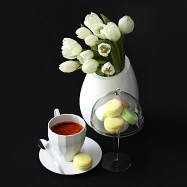 Morning Delights: Coffee, Macarons & Blooms 3D model image 1 