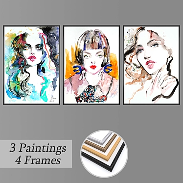 Wall Art Set with 3 Paintings & 4 Frames 3D model image 1 