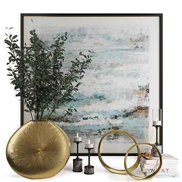 Modern Decor Set with Abstract Canvas, Golden Vase, Glass Candleholders, Golden Ring Sculptures 3D model image 1 