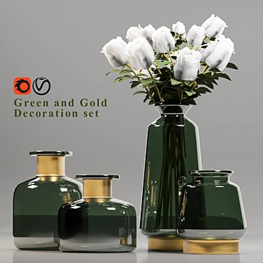 Green and Gold Decorative Vase Set 3D model image 1 