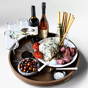 Cheese & Wine Delight: Camembert, Roquefort, Figs & Sausages 3D model image 1 