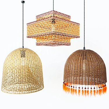 Rattan and Metal Lamp Set 3D model image 1 