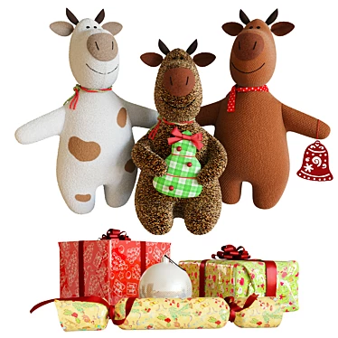 Soft Toy Bulls Set - 3 Bulls, 2 Gift Boxes, Ornament, Popper 3D model image 1 