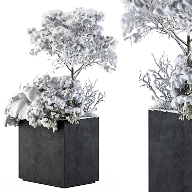 Snowy Outdoor Plant Set in Concrete Pot 3D model image 1 