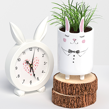 Decorative Rabbit Plant Set with Clock 3D model image 1 