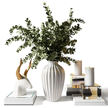 Elegant Eucalyptus Bouquet in Striped White Vase 3D model image 1 