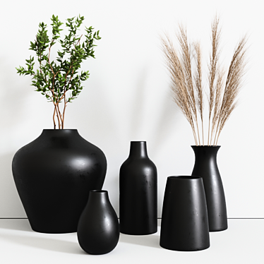 Elegant Black Vases Set with Pampa Grass 3D model image 1 